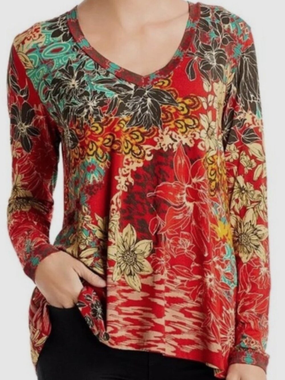 Johnny Was Ikat Patch Floral Shirt XS Boho Swing Top Bamboo Blend Long Sleeve